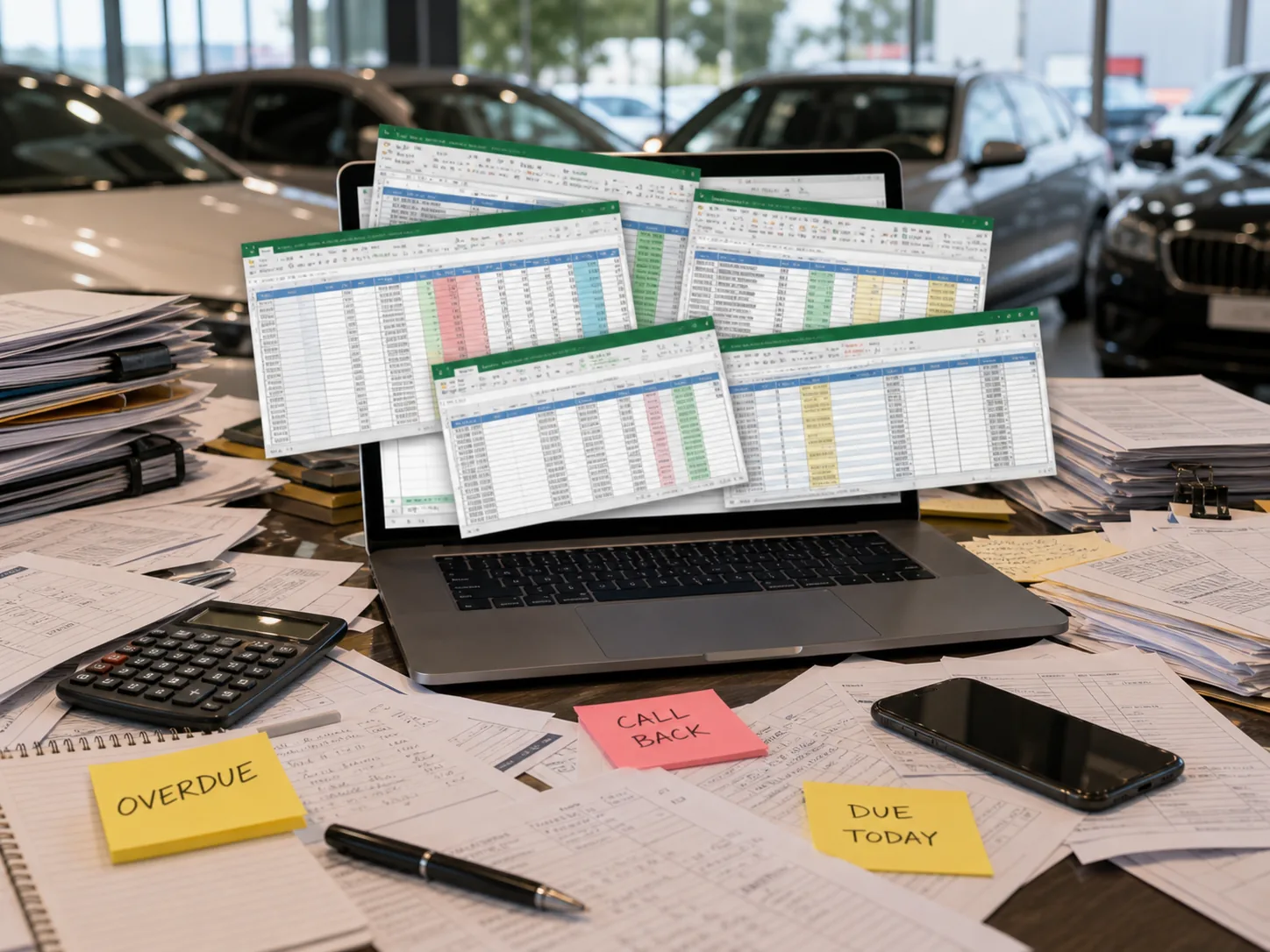 A showroom desk crowded with documents and worksheets
