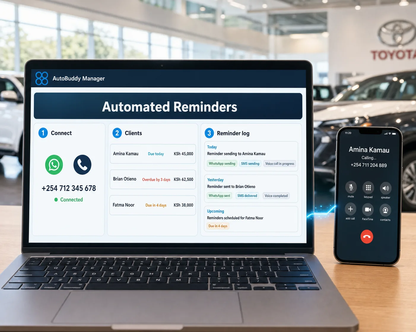 AutoBuddy automated reminder dashboard with a connected phone