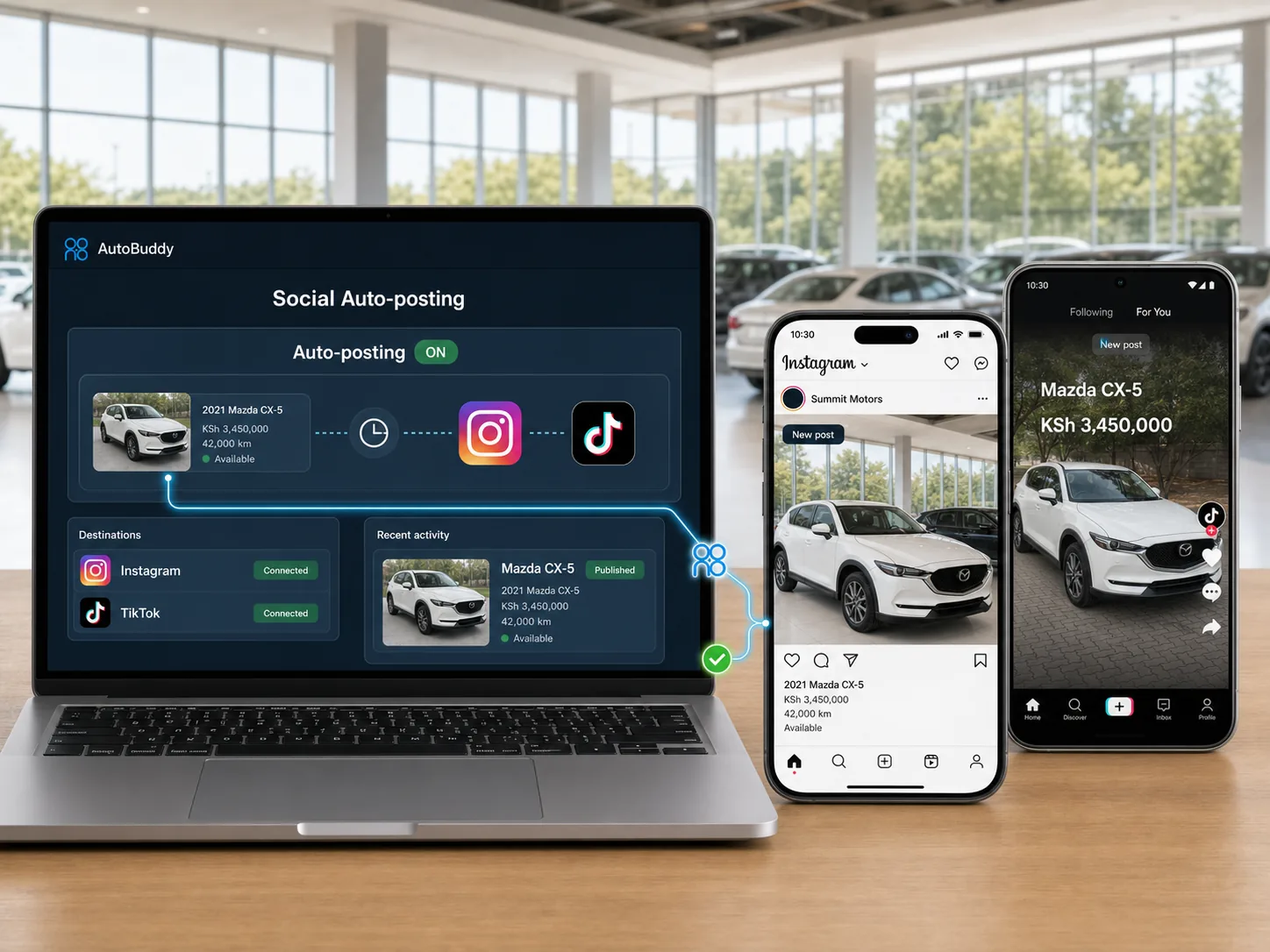 AutoBuddy publishing a vehicle listing to Instagram and TikTok